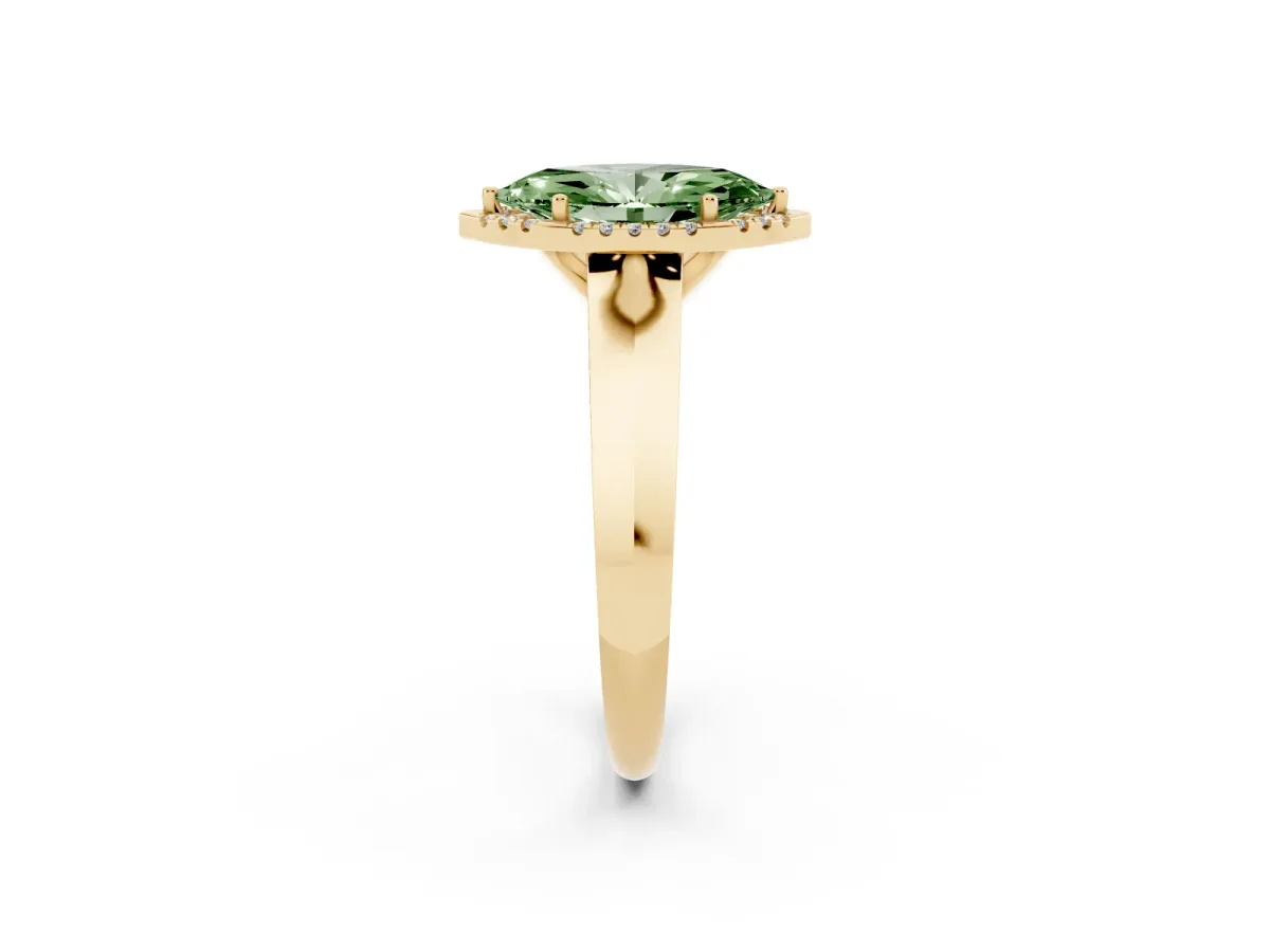Fancy Green Marquise Cut Halo Diamond Ring with Cathedral Band and Four-Prong Setting Yellow gold
