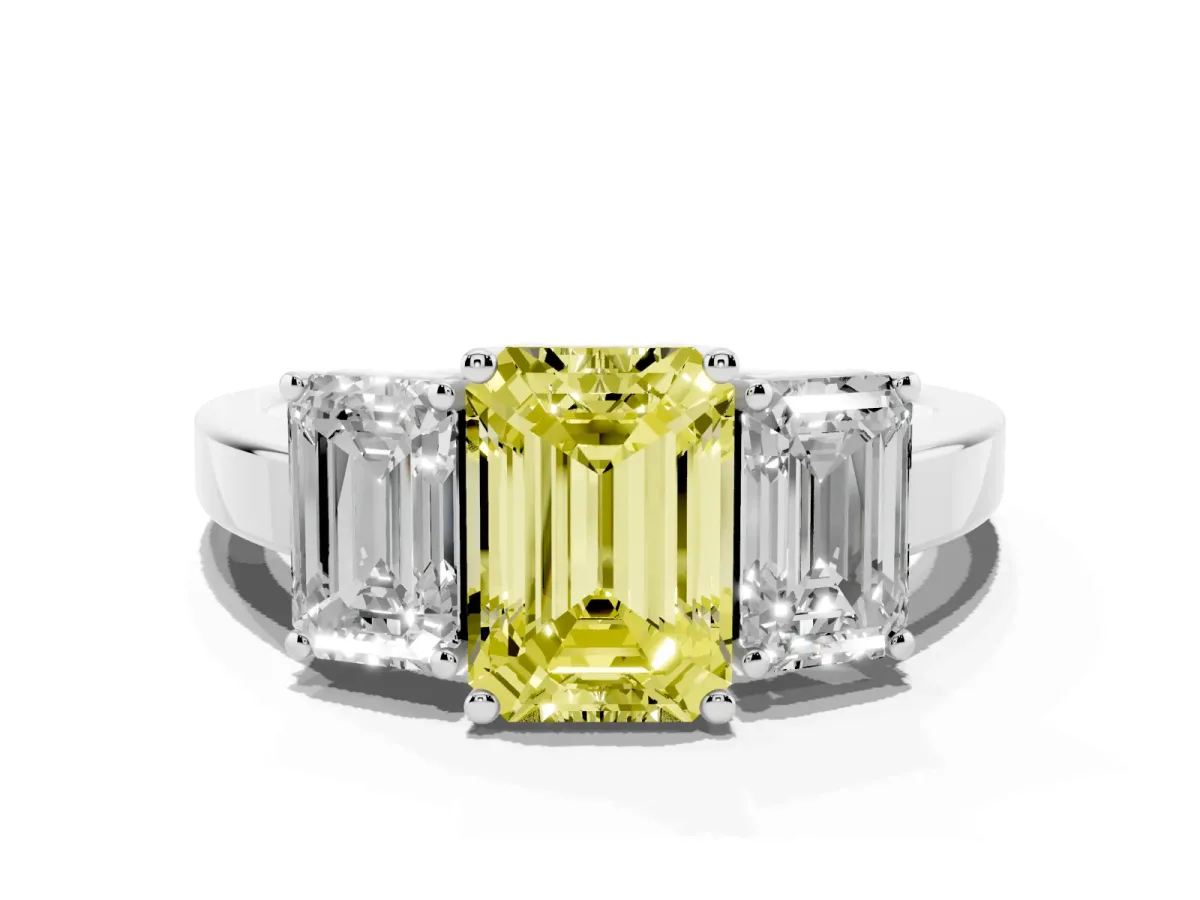Fancy Yellow Three-Stone Emerald Cut Cut Diamond Engagement Ring with Flat Band and Four-Prong Setting Silver
