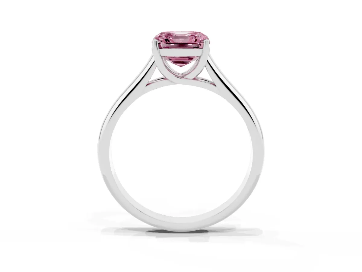 Fancy Pink Asscher Cut Solitaire Engagement Ring with Tapered Band and Four-Prong Setting Platinum