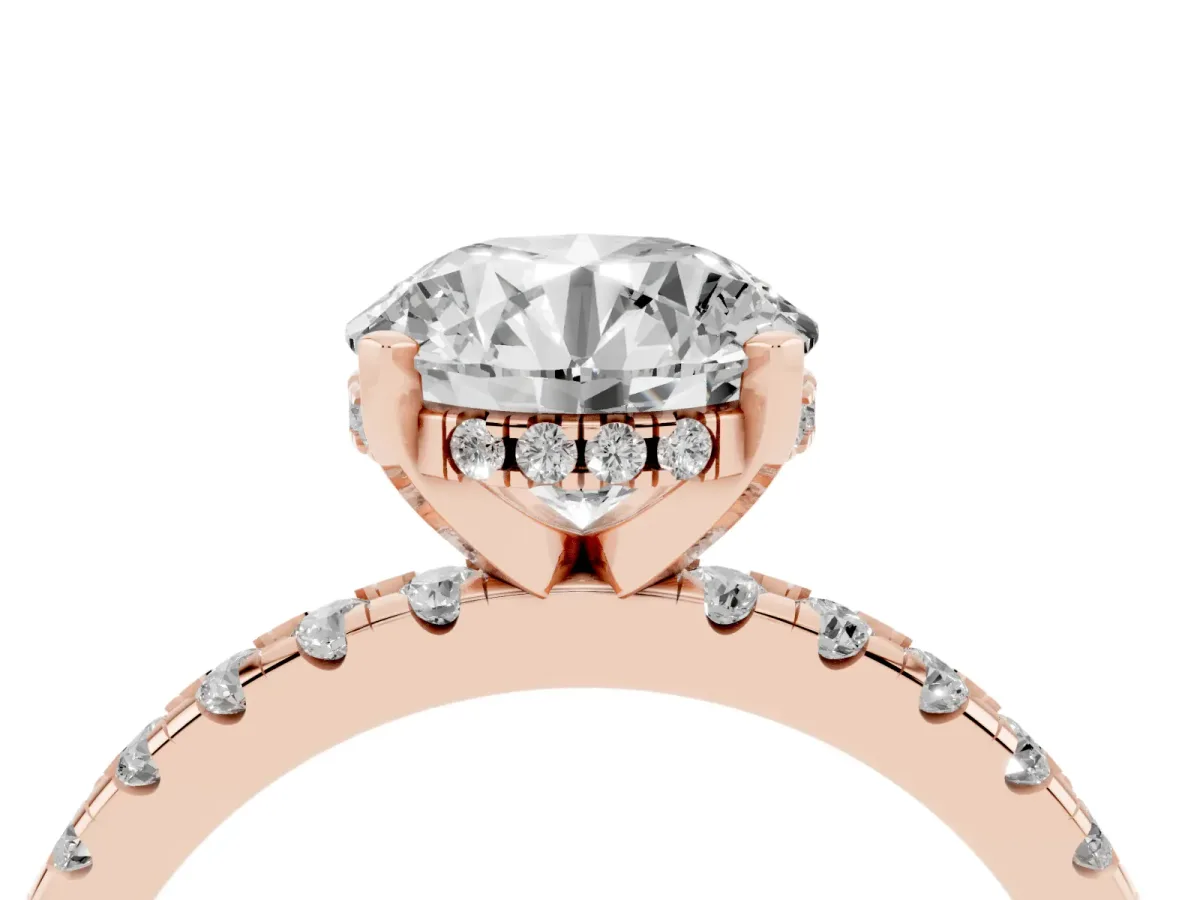 Round Cut Diamond Solitaire Ring with Round Pavé Band and Four-Prong Setting Rose gold