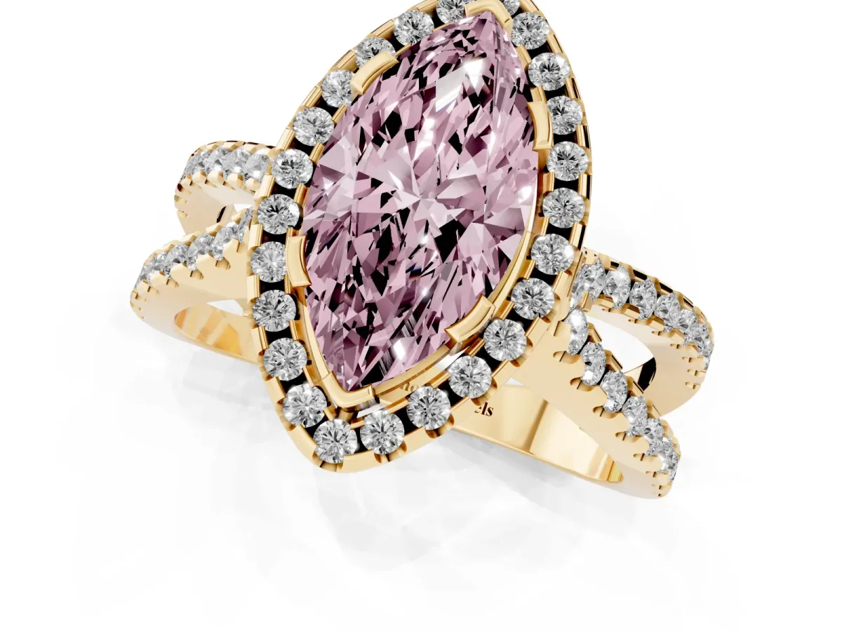 Fancy Pink Marquise Cut Diamond Halo Ring with Split Shank Pavé Band and Prong Setting Yellow gold