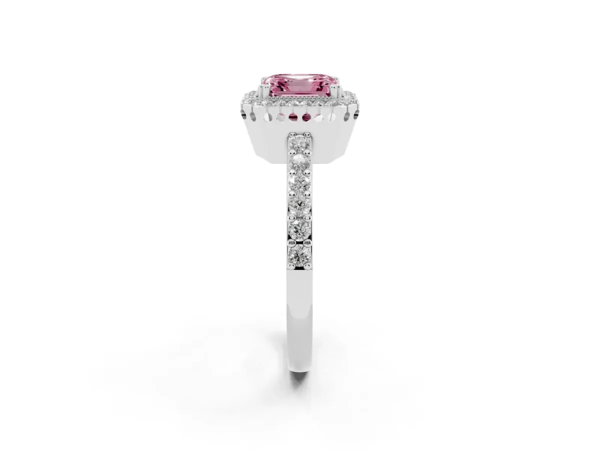 Fancy Pink Asscher Cut Cut Diamond Halo Engagement Ring with Milgrain Detail and Pavé Band Silver