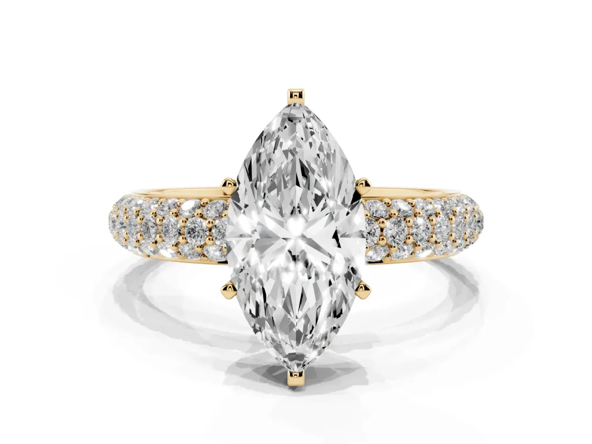Marquise Cut Diamond Solitaire Ring with Prong Setting and Pavé Band Yellow gold