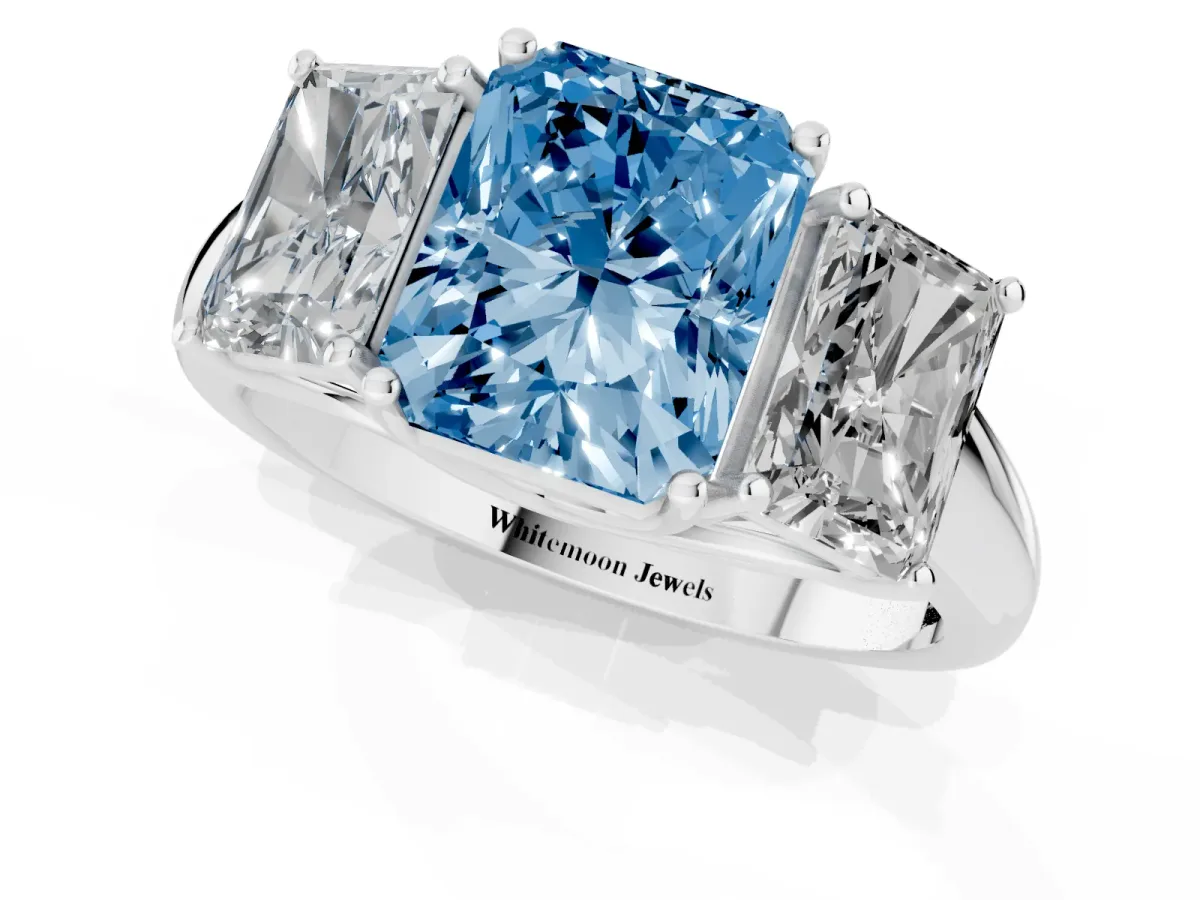 Fancy Blue Three-Stone Radiant Cut Diamond Engagement Ring with Prong Setting White gold