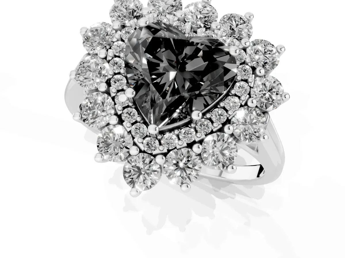 Fancy Black Heart Cut Diamond Floral Double Halo Engagement Ring with Prong Setting Silver
