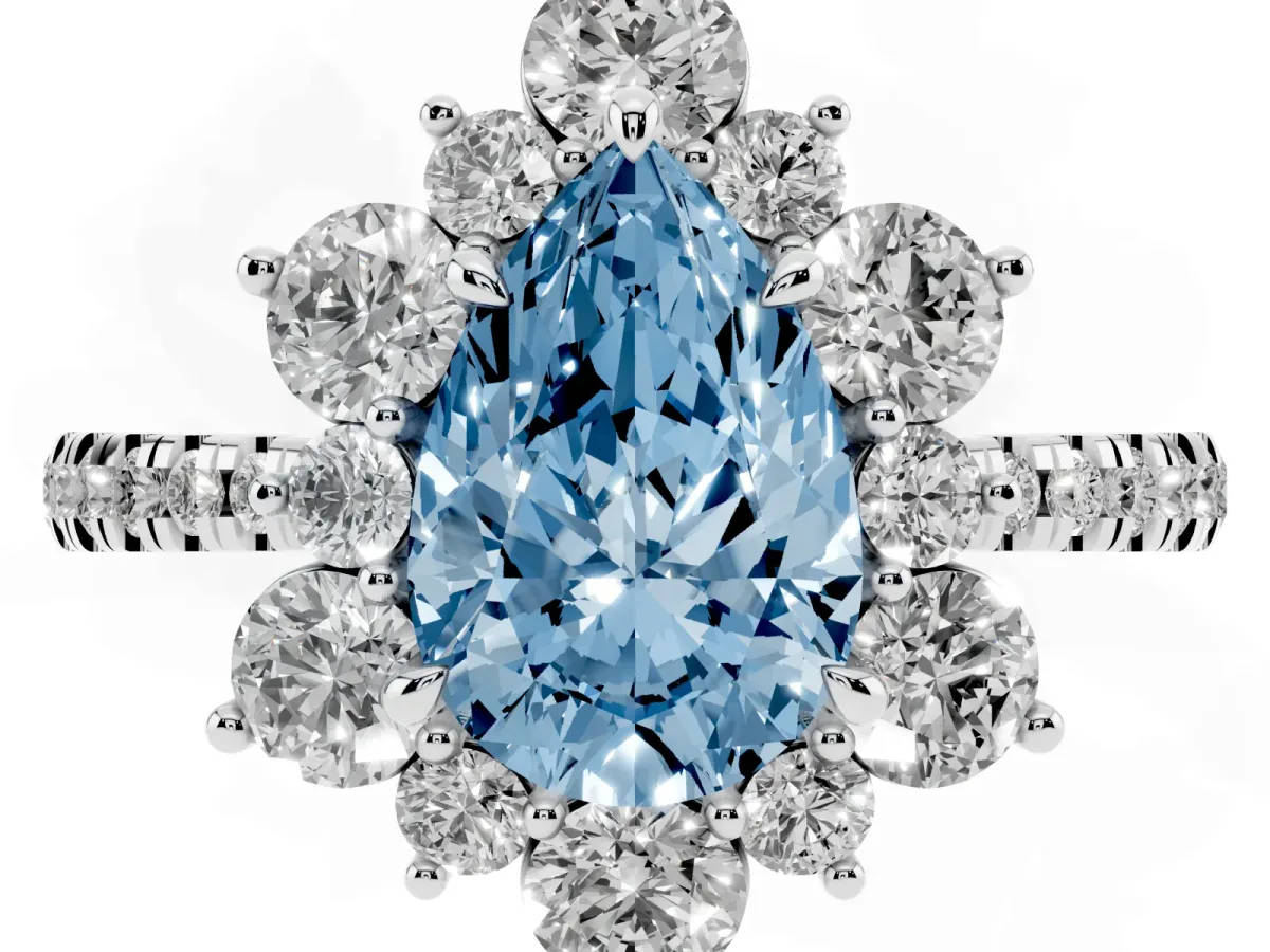 Fancy Blue Pear Cut Diamond Floral Halo Ring with Round Pavé Band and Prong Setting Platinum
