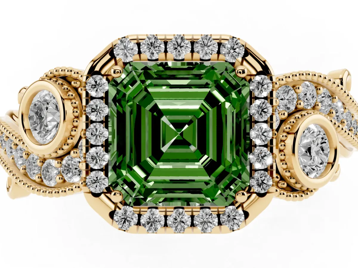 Fancy Green Asscher Cut Diamond Halo Ring with Milgrain Pavé Band and Four-Prong Setting Yellow gold