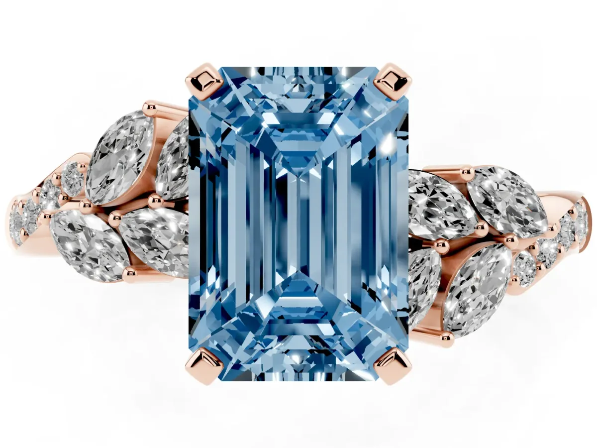 Fancy Blue Emerald Cut Solitaire Marquise Twist Band with Six-Prong Setting Rose gold