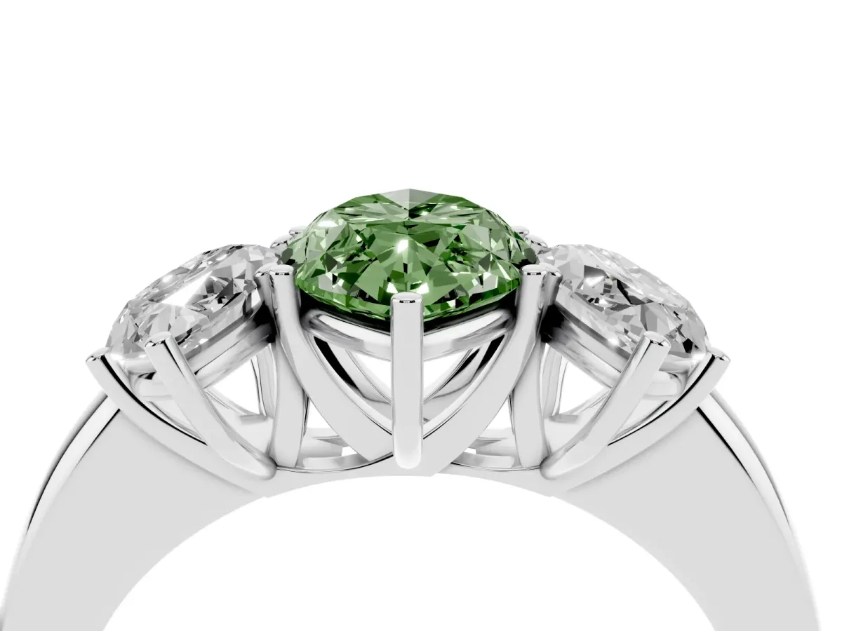 Fancy Green Marquise Cut Diamond Three-Stone Ring with Four-Prong Setting and Classic Band White gold