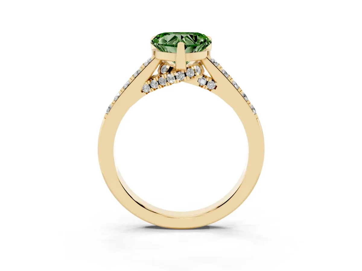 Fancy Green Heart Cut Diamond Solitaire Ring with Crossover Gallery and Round Pavé Band Yellow gold