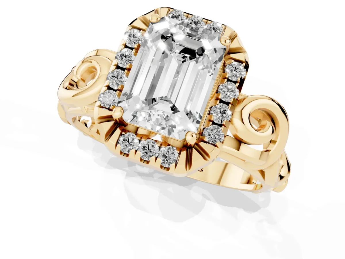 Emerald Cut Cut Halo Diamond Ring with Scrollwork Band and Four-Prong Setting Yellow gold