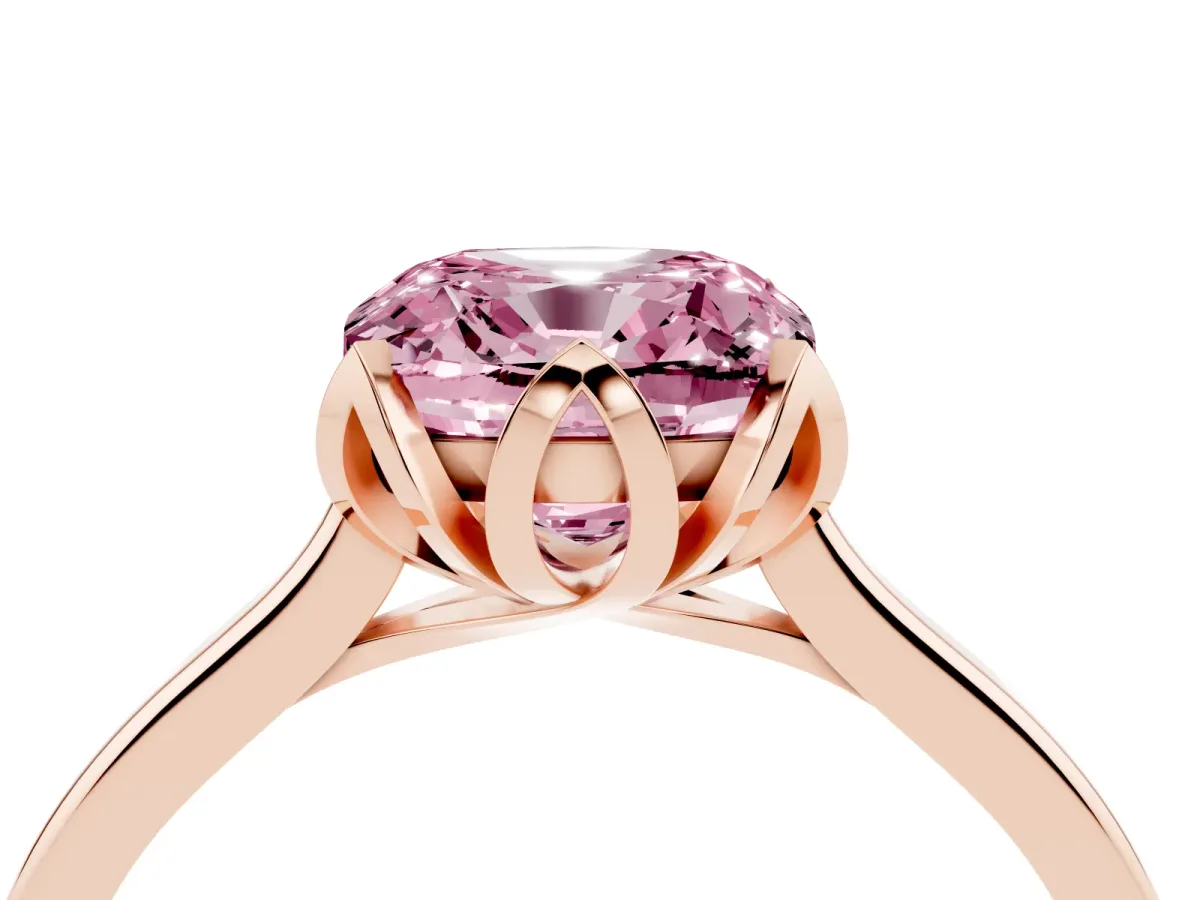 Fancy Pink Cushion Cut Diamond Solitaire Ring with Flower Prong Setting and Classic Band Rose gold