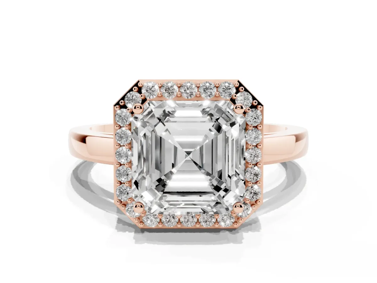 Asscher Cut Halo Diamond Ring with Solitaire Band and Prong Setting Rose gold