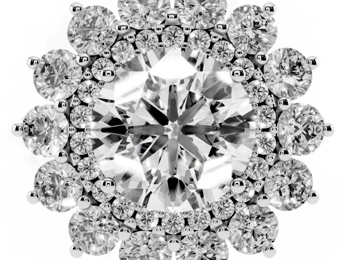 Round Cut Diamond Floral Double Halo Engagement Ring with Prong Setting Silver