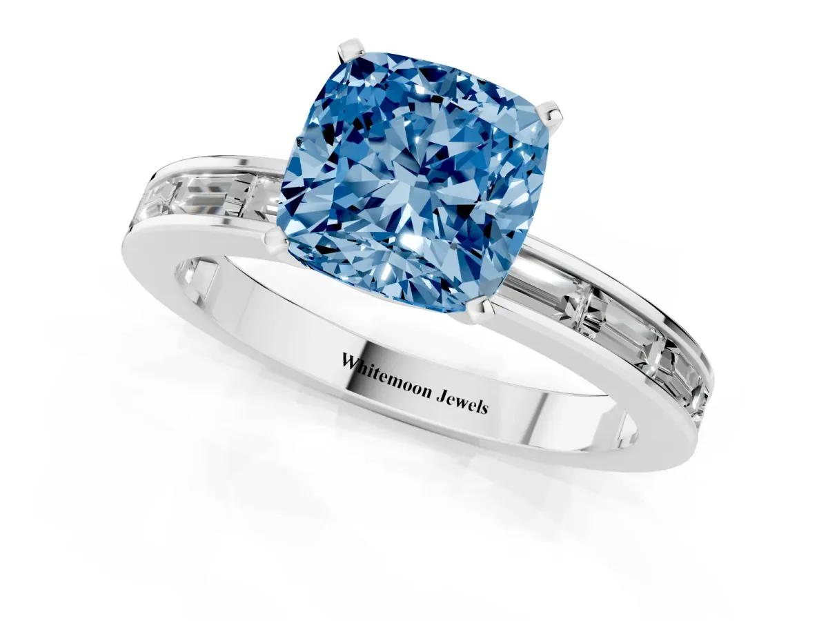 Fancy Blue Cushion Cut Solitaire Diamond Ring with Channel-Set Baguette Band and Four-Prong Setting Platinum
