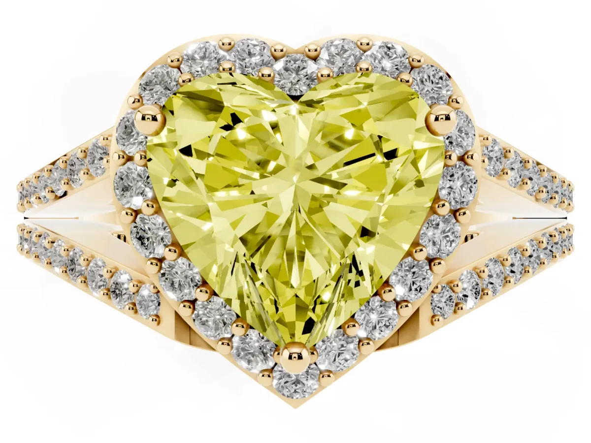 Fancy Yellow Heart Cut Halo Split Shank Diamond Ring with Prong Setting Yellow gold