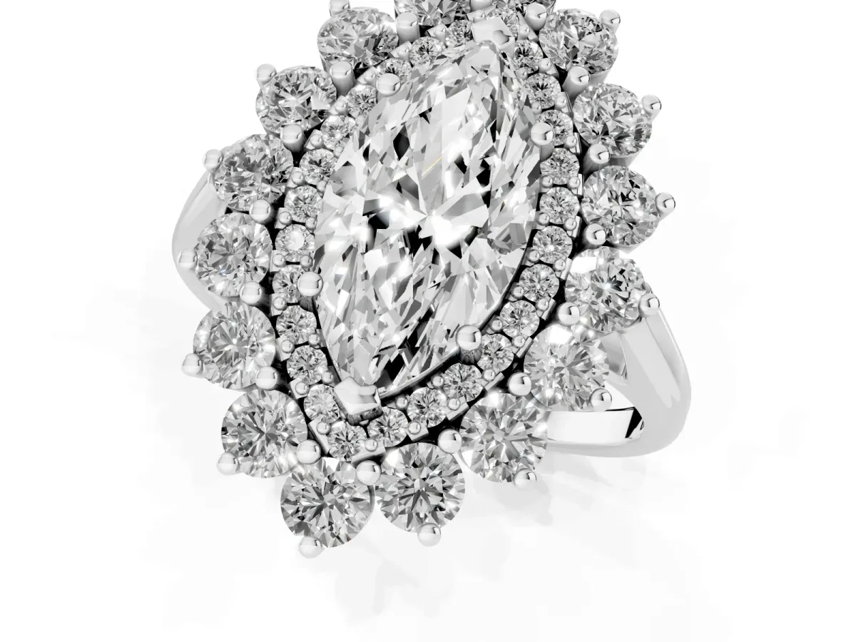 Marquise Cut Diamond Floral Double Halo Engagement Ring with Prong Setting Platinum
