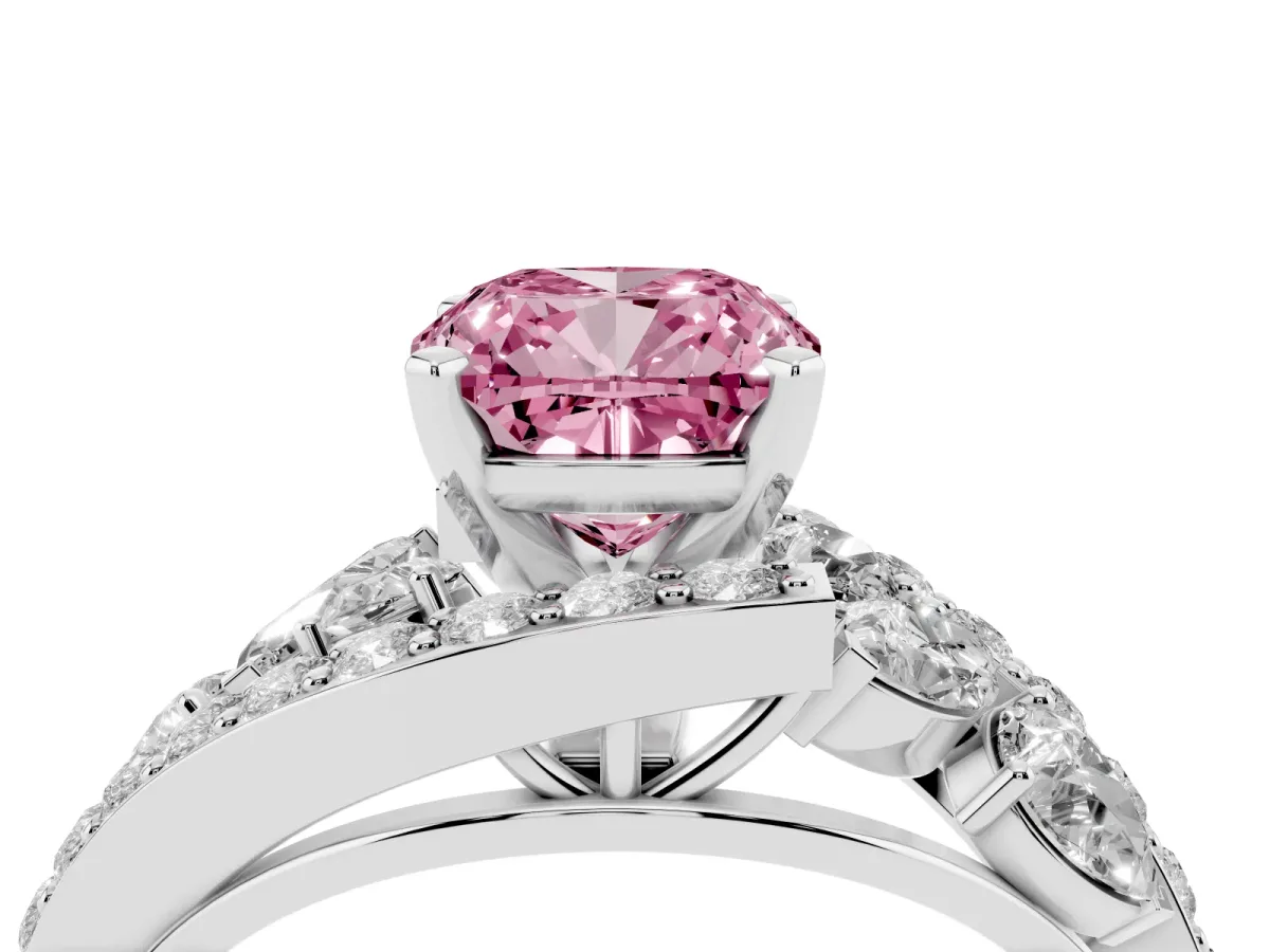 Fancy Pink Cushion Cut Diamond Halo Ring with Marquise and Pavé Band in Prong Setting Platinum