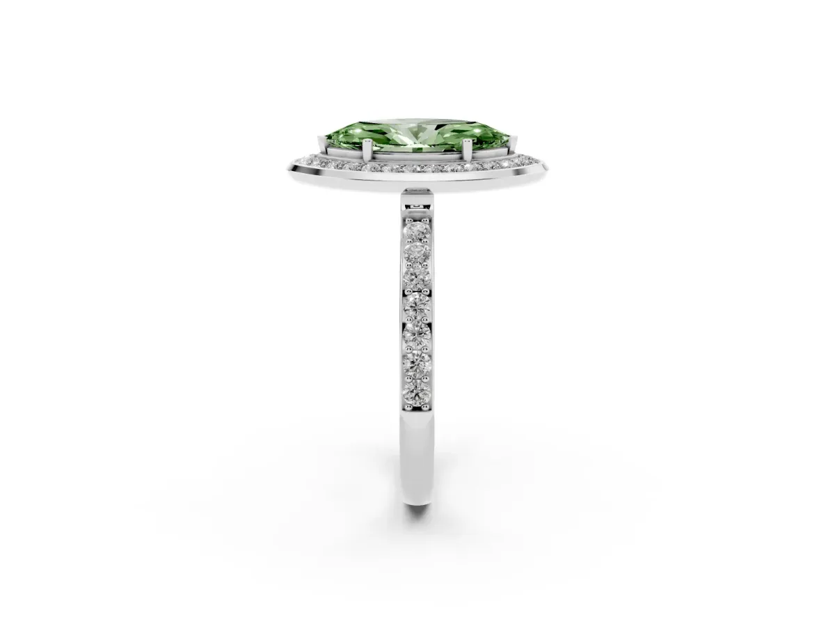 Fancy Green Marquise Cut Diamond Halo Ring with Bezel Frame and Pavé Band Silver