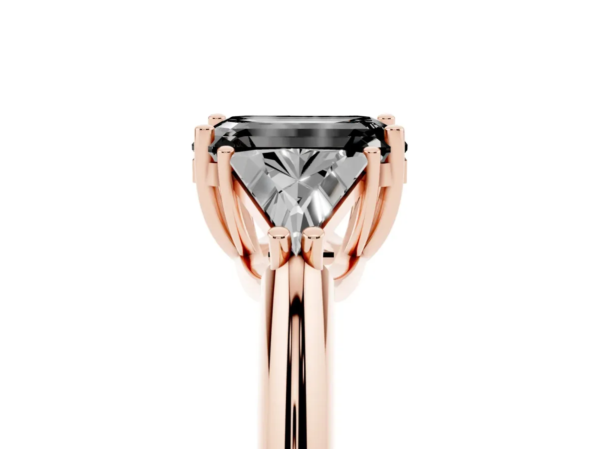 Fancy Black Three-Stone Emerald Cut Diamond Engagement Ring with Trillion Side Stones and Prong Setting Rose gold