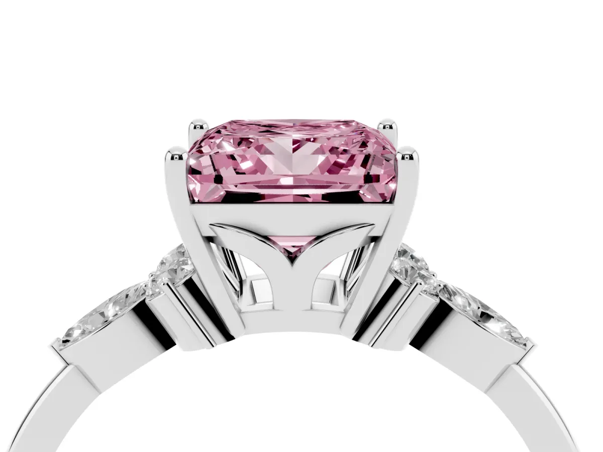Fancy Pink Princess Cut Brilliant Diamond Solitaire Ring with Pear Side Stones and Four-Prong Setting White gold