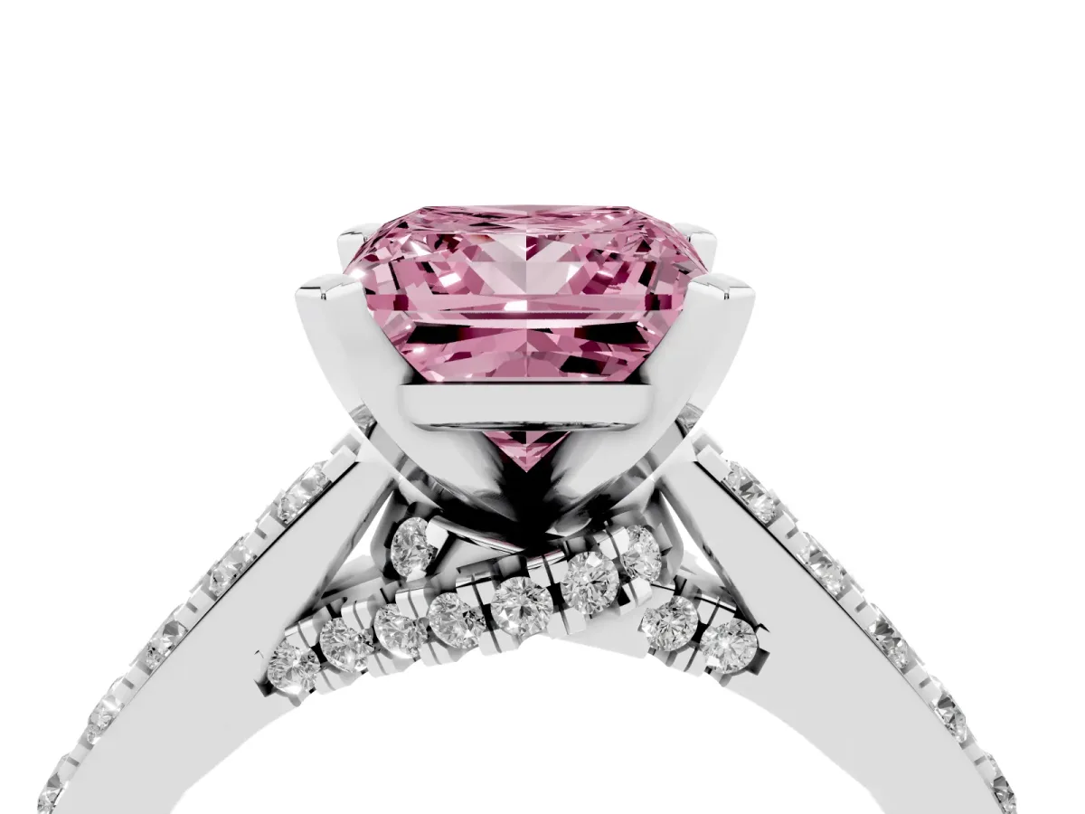 Fancy Pink Princess Cut Diamond Solitaire Ring with Crossover Gallery and Round Pavé Band Silver