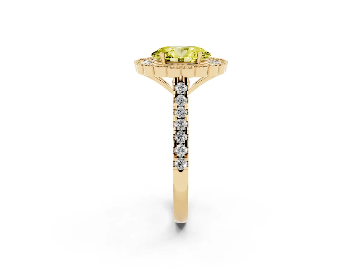Fancy Yellow Oval Cut Cut Diamond Milgrain Floral Halo Engagement Ring with Pavé Band Yellow gold