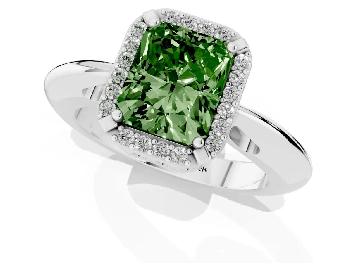 Fancy Green Radiant Cut Cut Diamond Halo Engagement Ring with Split Shank and Four-Prong Setting Silver
