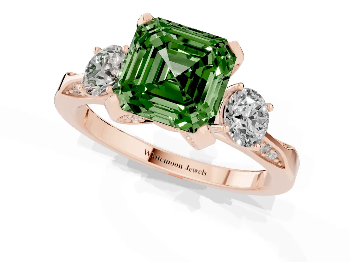 Fancy Green Asscher Cut Brilliant Three-Stone Diamond Ring with Pavé Band and Four-Prong Setting Rose gold