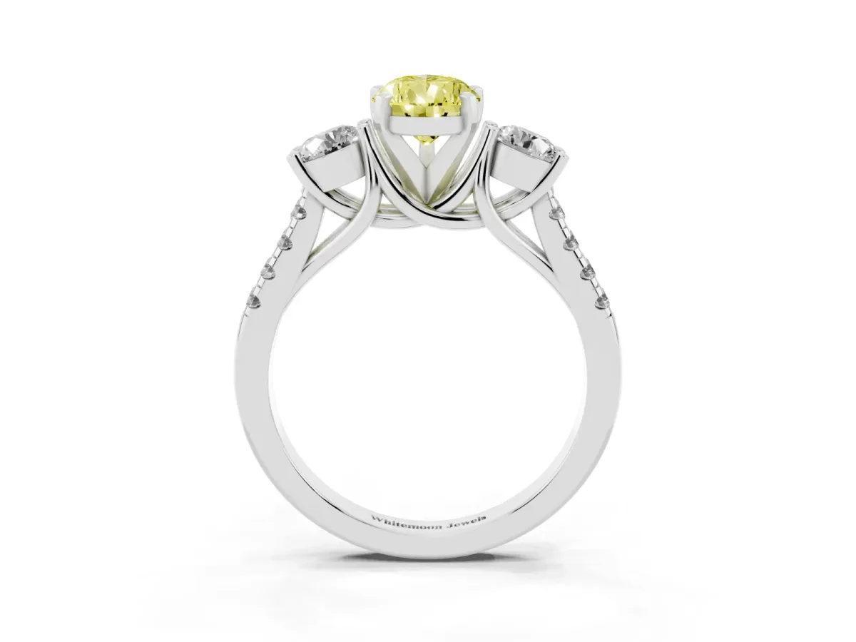 Fancy Yellow Three-Stone Pear Cut Diamond Pavé Band with Four-Prong Setting Platinum