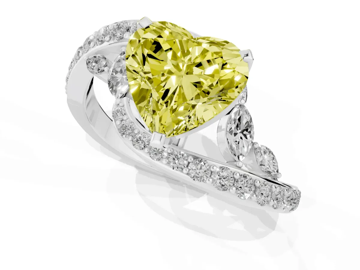 Fancy Yellow Heart Cut Solitaire with Pavé Twist Band and Four-Prong Setting Platinum