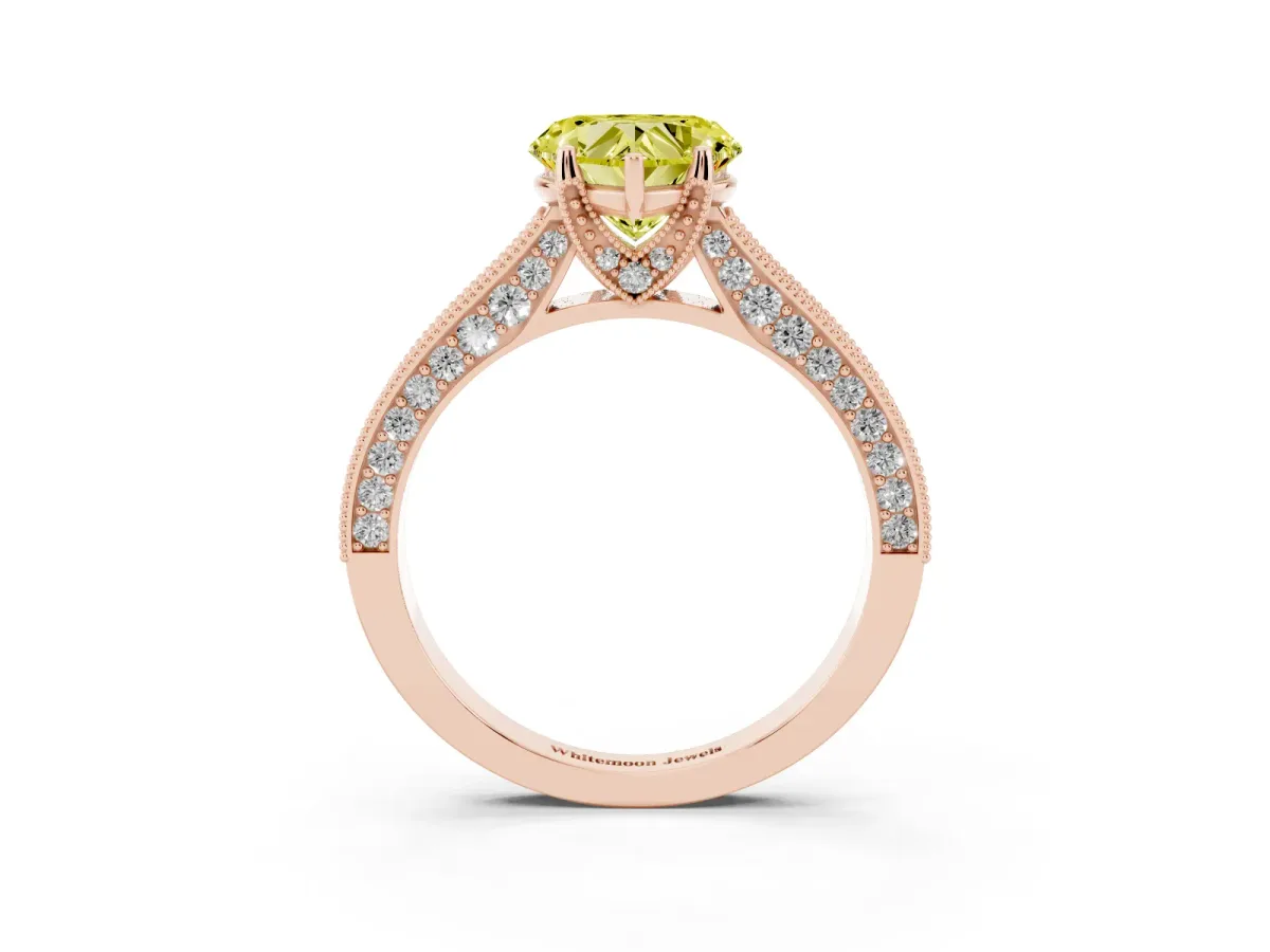 Fancy Yellow Heart Cut Cut Diamond Solitaire Ring with Milgrain Pave Band and Four Prong Setting Rose gold