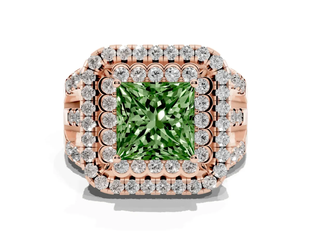 Fancy Green Princess Cut Diamond Double Halo Ring with Round Pavé Split Shank and Prong Setting Rose gold