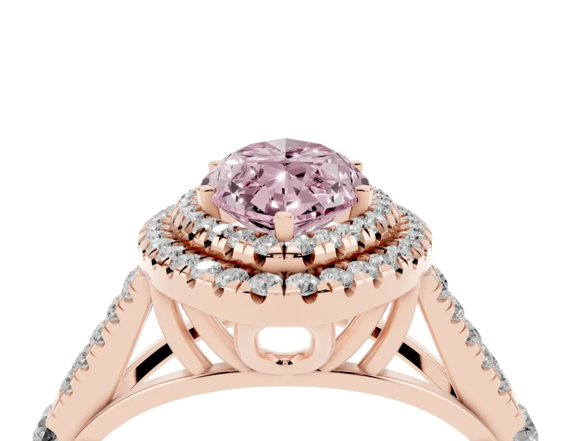 Fancy Pink Double Halo Marquise Cut Diamond Split Shank Engagement Ring with Four-Prong Setting Rose gold