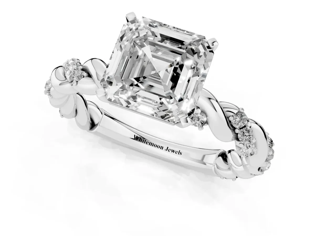 Asscher Cut Diamond Solitaire Ring with Twisted Band and Pavé Accents Silver