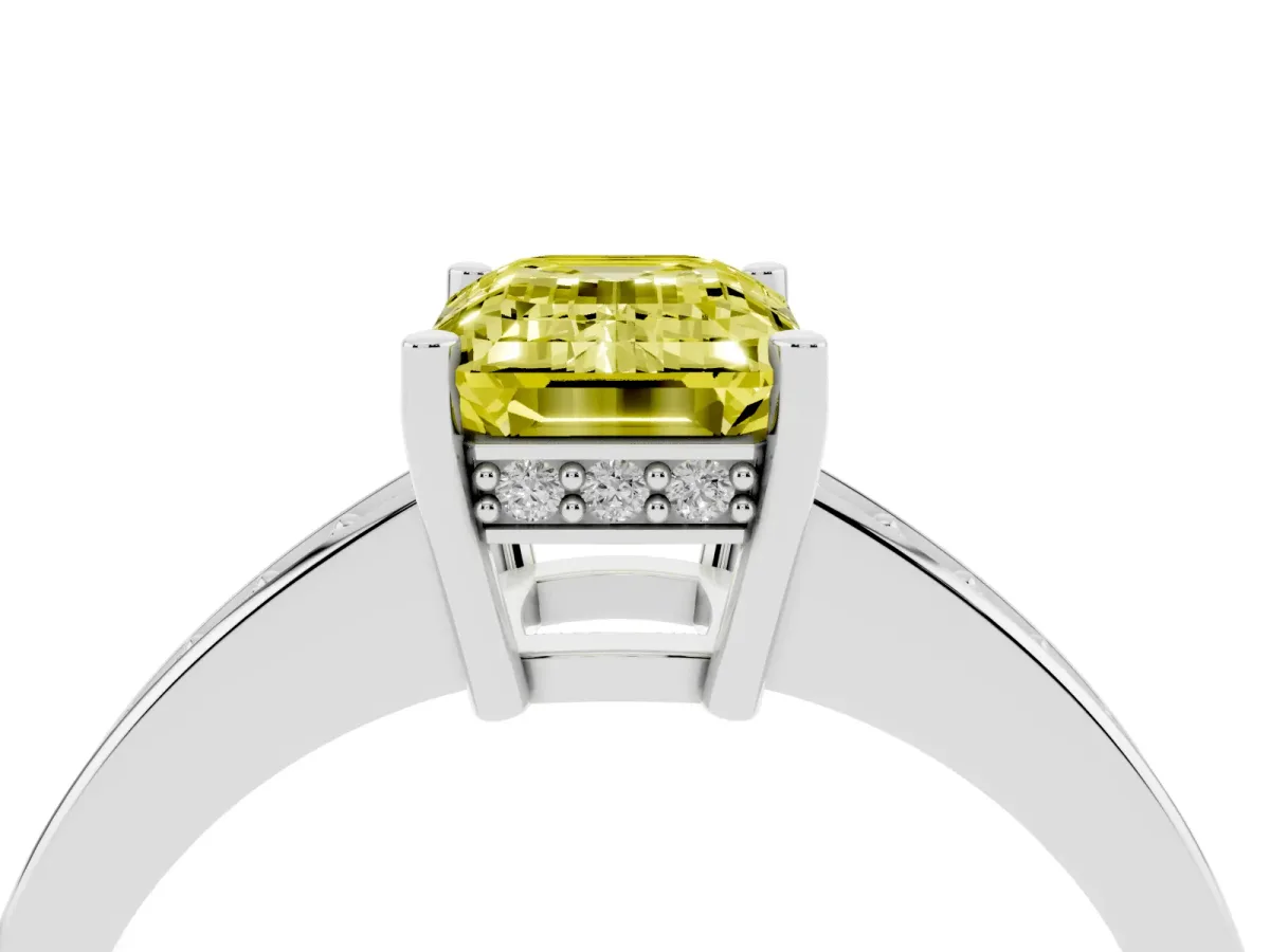 Fancy Yellow Emerald Cut Solitaire Pavé Band Prong Setting Ring Platinum