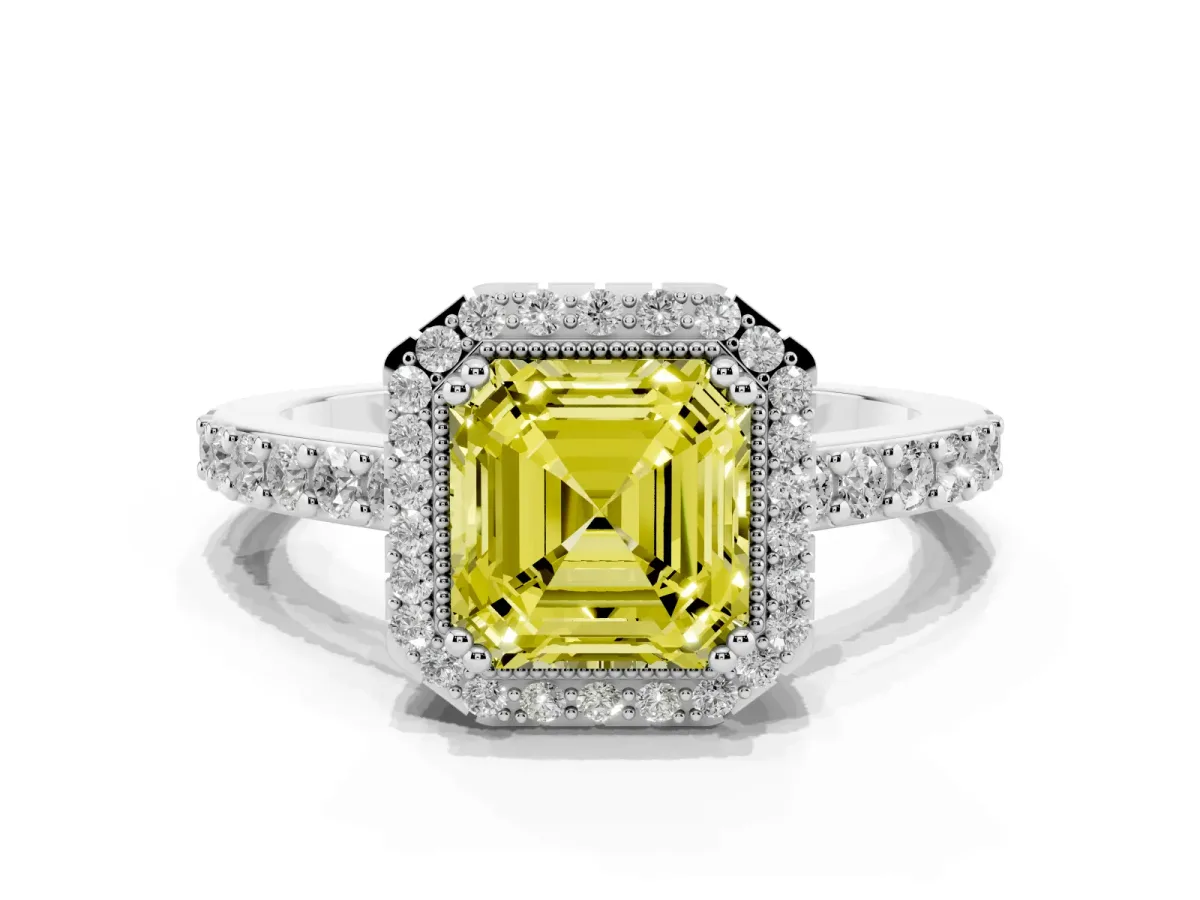 Fancy Yellow Asscher Cut Cut Diamond Halo Engagement Ring with Milgrain Detail and Pavé Band Platinum