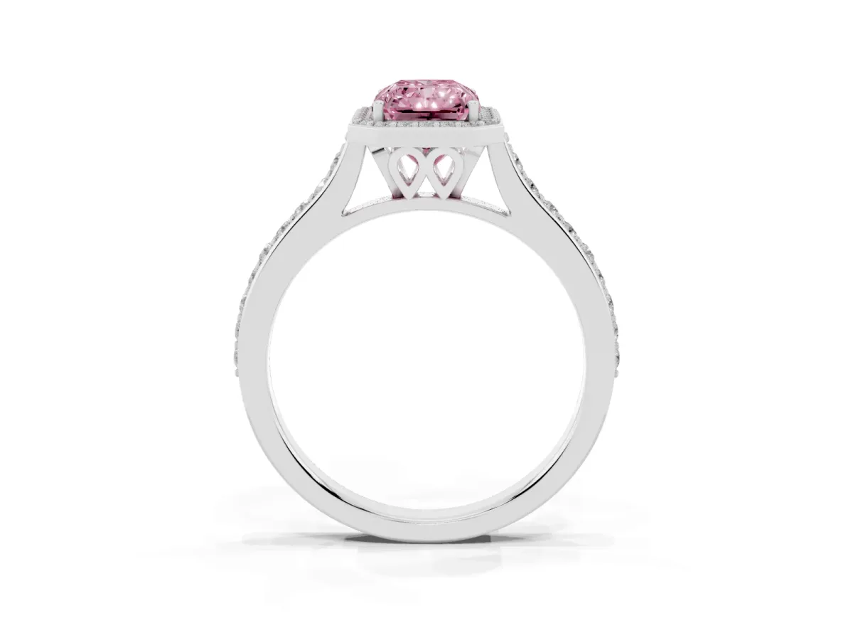 Fancy Pink Radiant Cut Diamond Halo Engagement Ring with Round Pavé Shoulders and Prong Setting Platinum