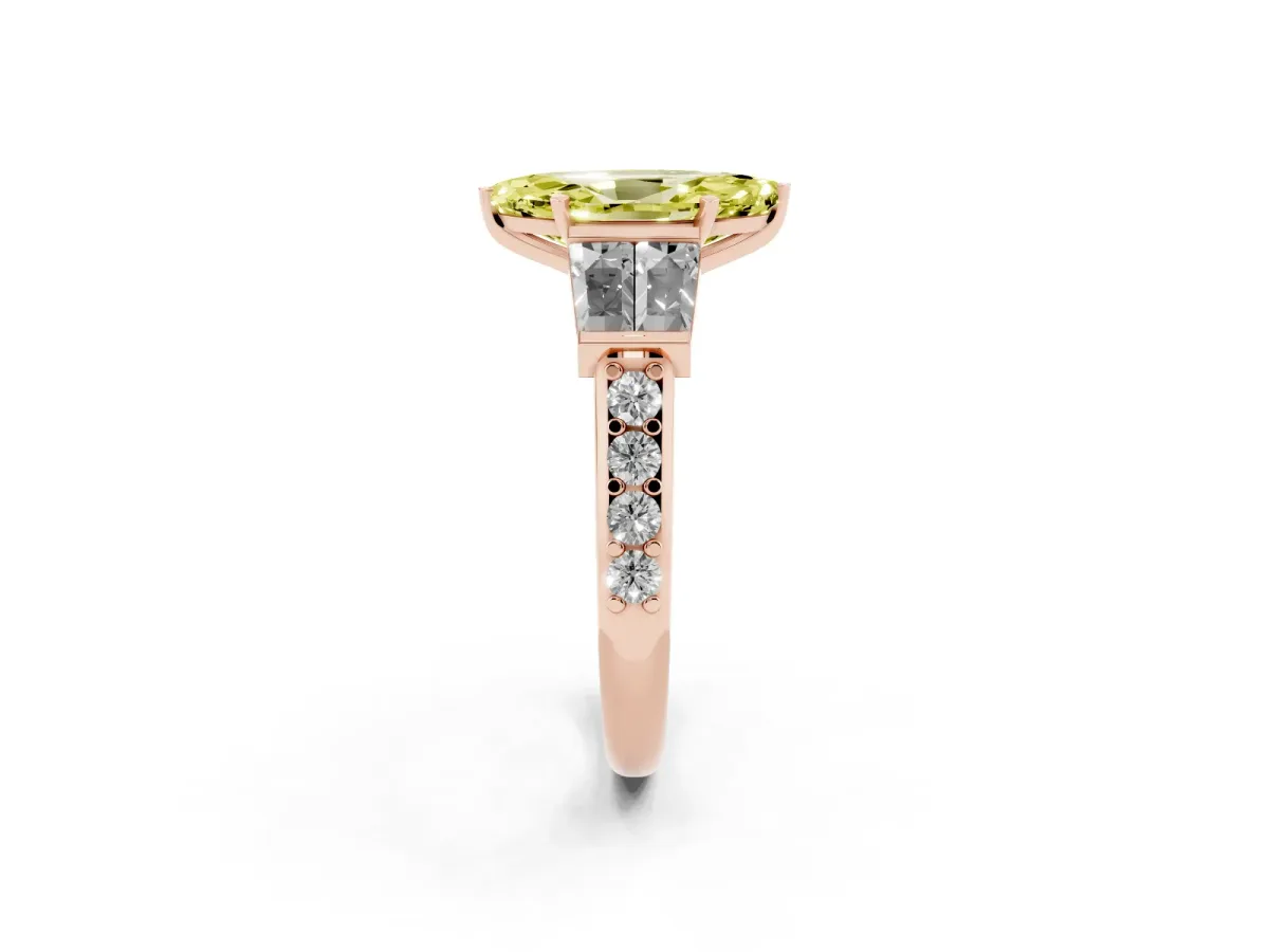 Fancy Yellow Marquise Cut Diamond Engagement Ring with Baguette Side Stones and Channel Set Band Rose gold