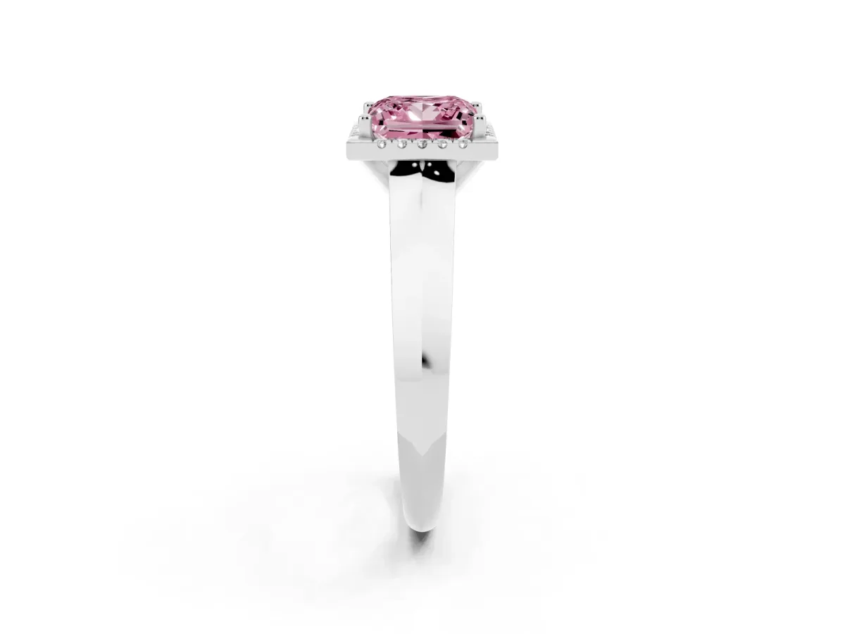 Fancy Pink Princess Cut Halo Diamond Ring with Cathedral Band and Four-Prong Setting Silver