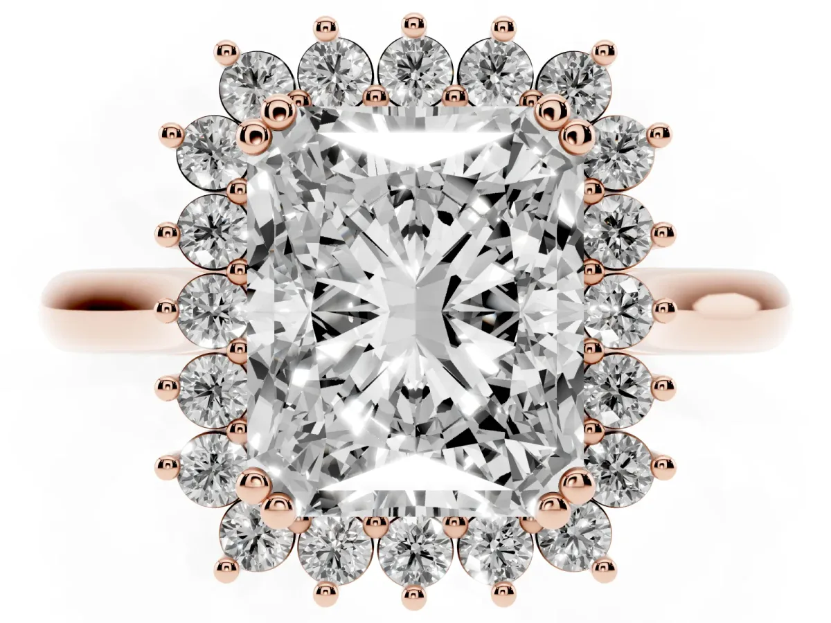 Radiant Cut Cut Diamond Halo Ring with Solitaire Band and Prong Setting Rose gold