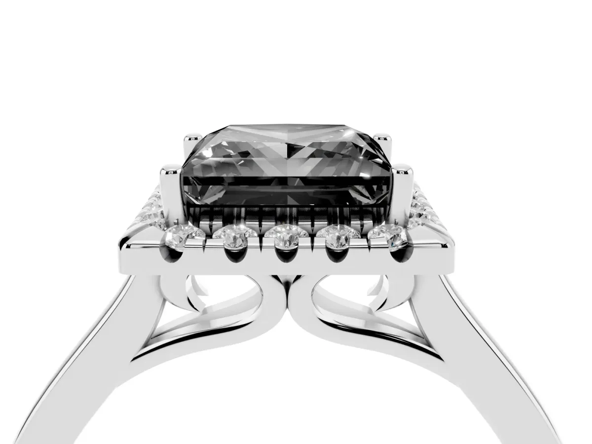 Fancy Black Princess Cut Halo Round Diamond Solitaire Ring with Pavé Band and Four-Prong Setting White gold