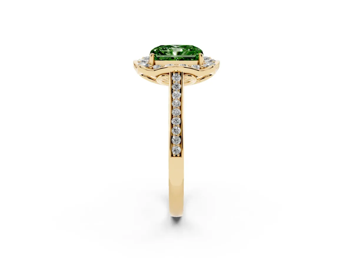 Fancy Green Radiant Cut Halo Round Diamond Pave Band with Four-Prong Setting Yellow gold