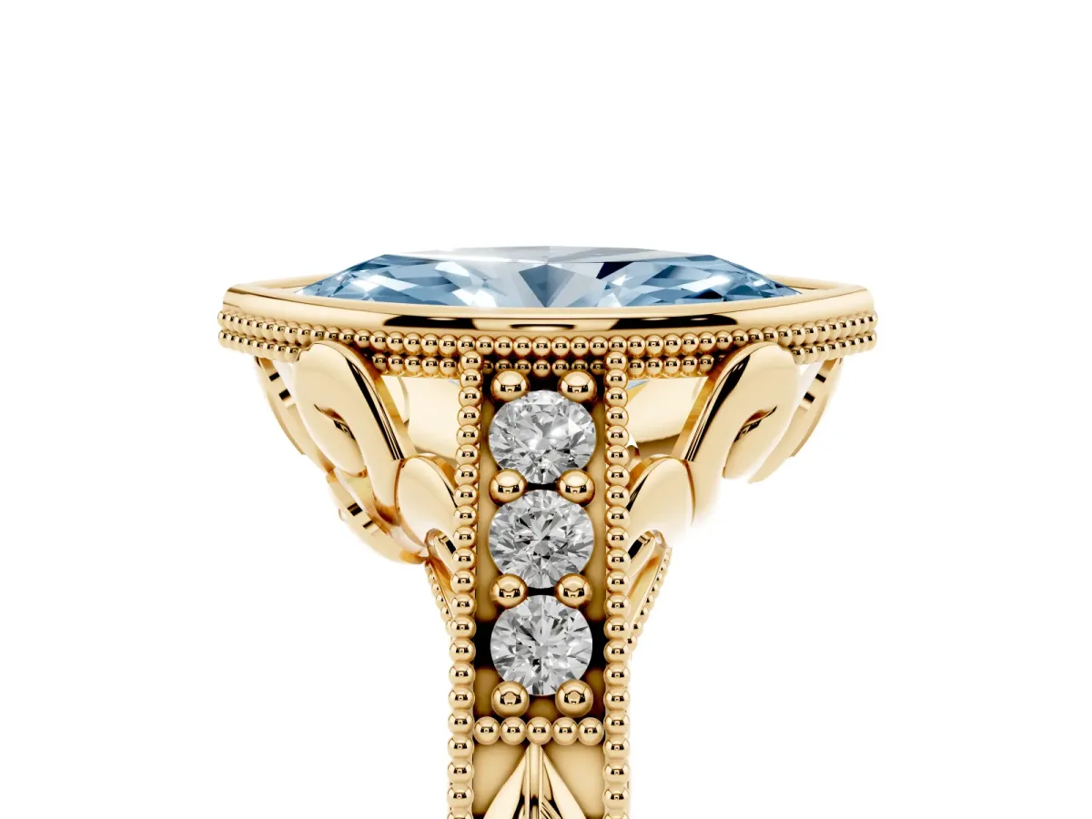 Fancy Blue Bezel Set Marquise Cut Diamond Milgrain Pave Engagement Ring Yellow gold