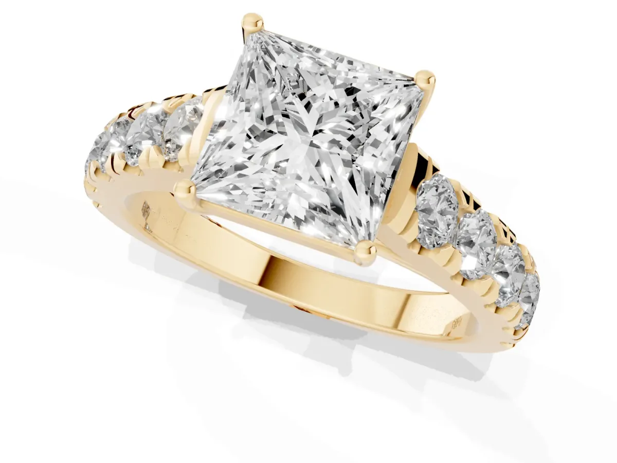 Princess Cut Cut Diamond Solitaire Ring with Micro Pave Band and Prong Setting Yellow gold
