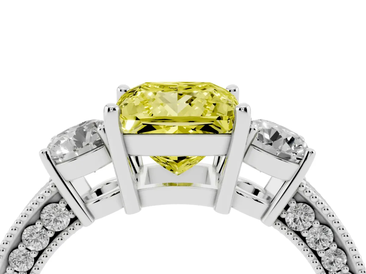 Fancy Yellow Princess Cut Three-Stone Diamond Ring with Pavé Band and Four-Prong Setting Silver