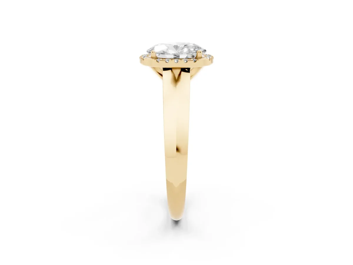 Oval Cut Halo Diamond Ring with Cathedral Band and Four-Prong Setting Yellow gold