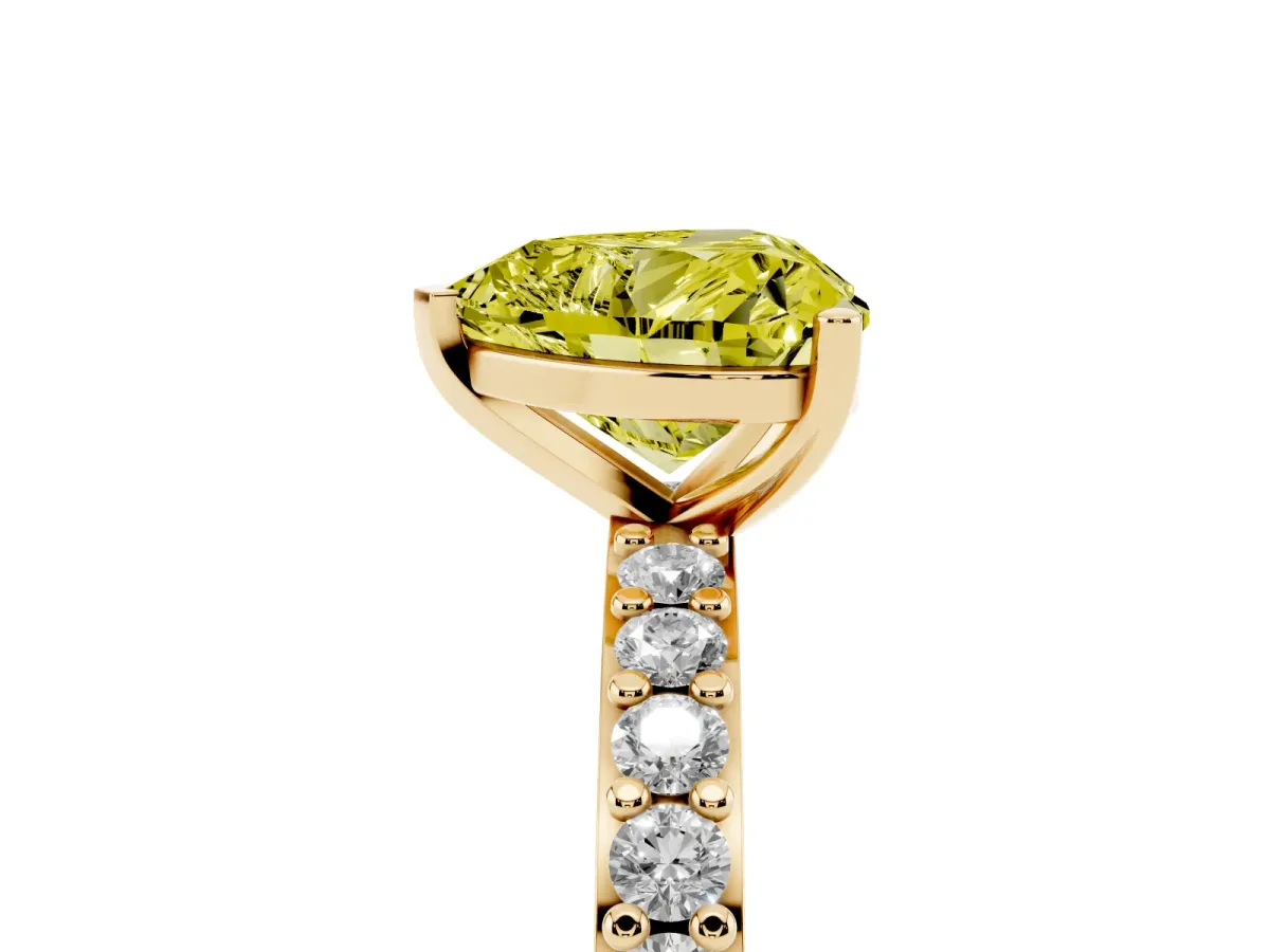 Fancy Yellow Heart Cut Cut Diamond Solitaire with Pave Band and Four-Prong Setting Yellow gold