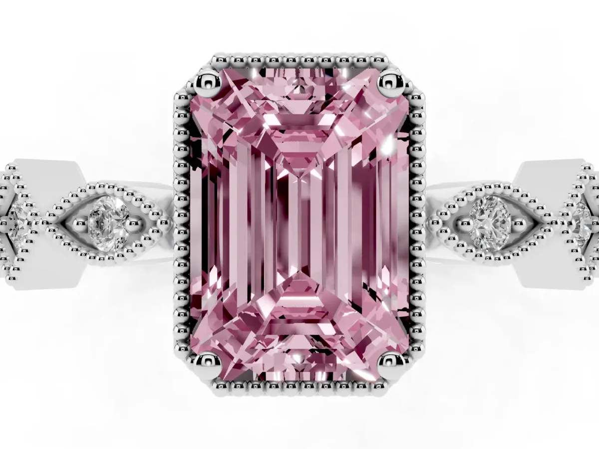 Fancy Pink Emerald Cut Milgrain Marquise Diamond Twist Band Ring Silver