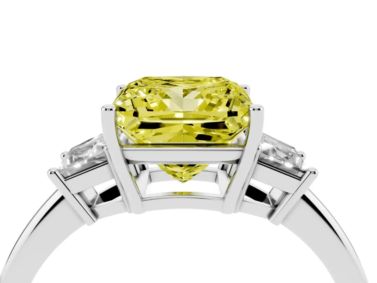 Fancy Yellow Princess Cut Diamond Three-Stone Ring with Trapezoid Side Stones and Prong Setting Silver